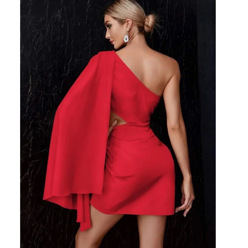Rebellious Rose One-Shoulder Red Mini Dress - Picture 4 of 4